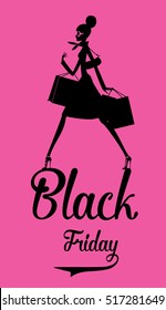 Black Friday poster design. Silhouette of a Fashion woman walking with the shopping bags.  lettering. Sale concept. Vector.