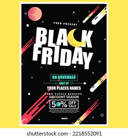 Plantilla de diseño de afiches del FRIDAY NEGRO con estrellas de caída nocturna con luna creciente