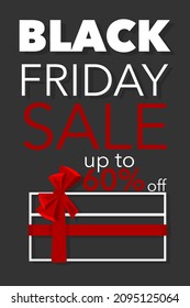 Afiche del viernes negro. Diseñado con caja de regalo de línea blanca con arco rojo sobre fondo negro. Banner vectorial para promoción y compras.