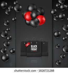 Black Friday Poster with Discount Offer. Black and red balloons with shopping bag. Web banner design. Vector