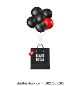Afiche del Black Friday con descuento. Globos negros y rojos con bolsa de compras. Diseño de banner web. Ilustración del vector
