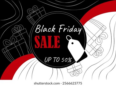Black friday poster. Discounts and promotions, special limited offer. Sale up to 50 percent. Marketing and advertising, commerce. Brochure, flyer or booklet. Flat vector illustration