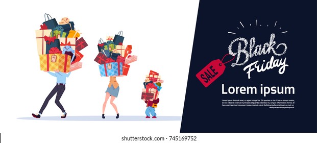 Black Friday Poster With Family Carry Stack Of Presents Over White Background Holiday Seasonal Sale Concept Flat Vector Illustration