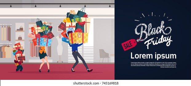 Black Friday Poster With Family Carry Stack Of Presents Over Shop Background Holiday Seasonal Sale Concept Flat Vector Illustration