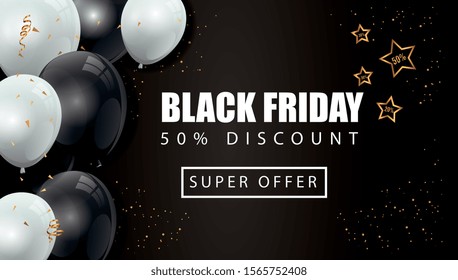 black friday poster and fifty discount with balloons helium decoration vector illustration design