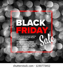 Black Friday poster flyer template - red and white letterings in a red frame with white backlight sparkles