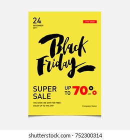 Black Friday poster or flyer template for Black Friday sale. Design with Black Friday words for poster, cards or banners. Sale phrase written in modern fashion font. Typography design, vector.