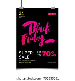 Black Friday poster or flyer template for Black Friday sale. Design with Black Friday words for poster, cards or banners. Sale phrase written in trendy fashion font. Typography design, vector.