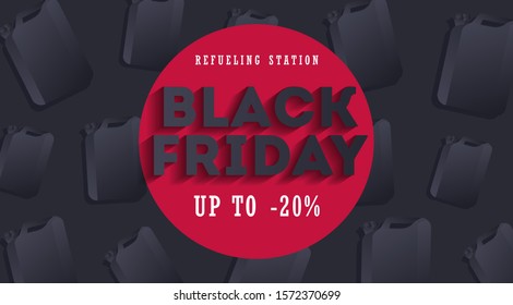 black Friday poster for gas or refueling station with black oil canisters pattern and red advertising banner