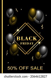 Black friday poster with gold and silver balloons, vector eps 10