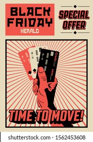 Black Friday Poster Old Propaganda Style, Hand and Credit Cards