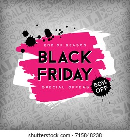 Black friday poster with pink, black and white grunge design elements on the light background with sale text pattern