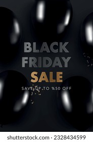 Black Friday poster with realistic 3d black balloon, confetti and luxury text at black background. Vector illustration for Christmas, phone, website, social media, flyer, brochure, event, discount