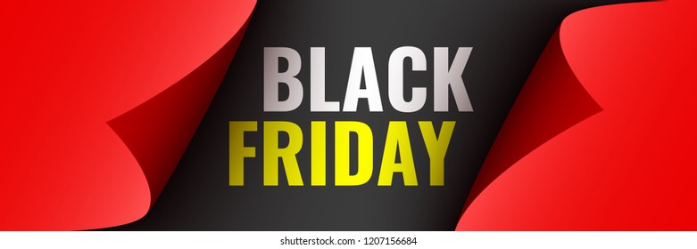 Black Friday poster. Red ribbon with curved edges on black background. Sticker. Vector illustration.