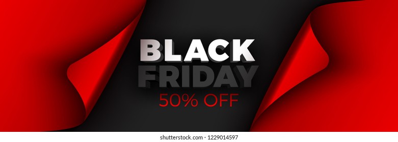 Black Friday poster. Red ribbon with curved edges on black background. Sticker. Vector illustration.