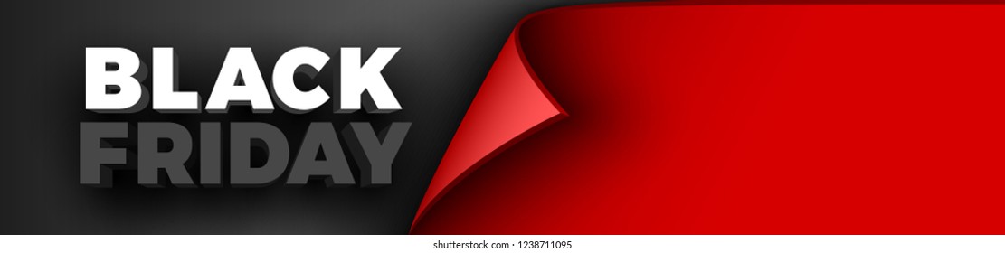 Black Friday poster. Red ribbon with curved edge on black background. Sticker. Vector illustration.