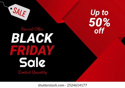 Black Friday poster. Black Friday Sale Banner. Black Friday sale inscription design template. Vector illustration. Up to 50% off. Special Offer. Limited Quantity.