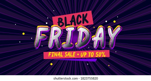 Black Friday. Poster for sale in the store. Bright illustration in the style of comics. The banner tells you about discounts.