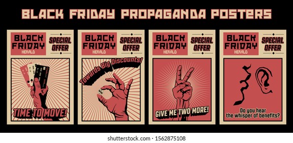 Black Friday Poster Set Old Soviet Propaganda Placards Style, Black Red White Backgrounds, Credit Cards, Hand Gestures, Retro Newspaper Stylization