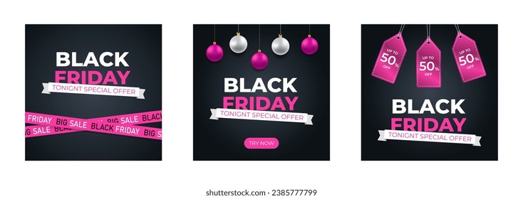Black friday poster set. Pink ribbon with sale text and label. Minimalistic abstract design for web banner, social media, ad, promo poster. Vector illustration
