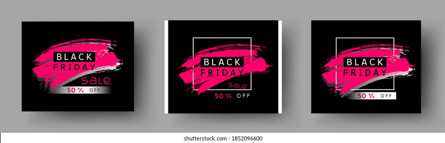 Black Friday poster set. Vector special offer with brush stroke backgrounds. Promo banner 50 off discount sale templates