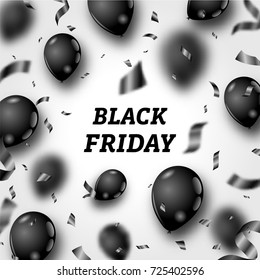 Black Friday Poster with Shiny Balloons and Confetti on White Background - Illustration Vector