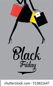 Black Friday poster. Silhouette of a woman with the shopping bags. Vector