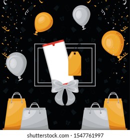 black friday poster with smartphone and balloons helium vector illustration design