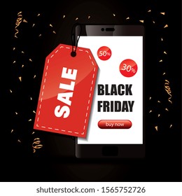 black friday poster and smartphone with label hanging vector illustration design