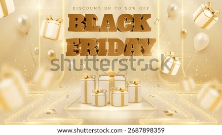 Black friday poster template with luxury light neon golden stage and 3D element gift box, balloon, ribbon with price reduction announcement message.