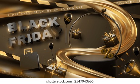 Zwarte vrijdag poster sjabloon en zwart podium met gouden Black Friday decoraties, luxe stijl, 3D realistisch met glitter effect decoratie en bokeh.