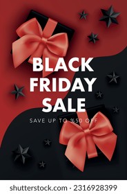 Black Friday poster template with red realistic 3d ribbon and black stars at black and red background. Vector illustration for Christmas, Valentine's Day, promo, discount, event, website, social media