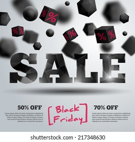 Black Friday poster. Vector illustration. Design template for holiday sale event. 3d cubes, bubbles and polyhedrons with percents. Original festive backdrop.