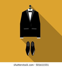 Black friday poster Vector illustration Classic tuxedo and black shoes on orange background Flat design