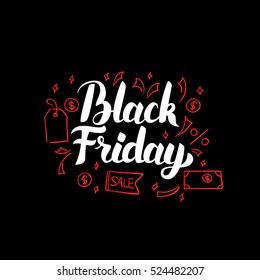 Black Friday Poster. Vector Illustration of Shopping Sale Lettering with Red Doodles.