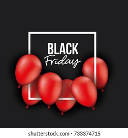 black friday poster with white frame with red balloons and black color background vector illustration