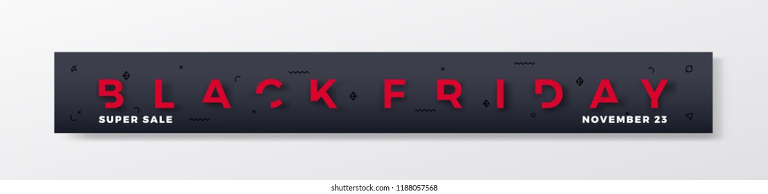 Black Friday Premium Banner or Header. Red Modern Reduced Typography Concept with Abstract Decorative Elements, Realistic Shadow and Golden Glitter. Web ready proportions. Isolated.