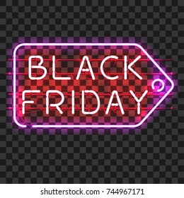 BLACK FRIDAY price tag neon sign isolated on transparent background. Shining and glowing neon effect. All elements are separate units with wires, tubes, brackets and holders.