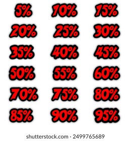 black friday price tag. Numbers 5%,10%, 15%, 20%, 25%, 30%, 35%, 40%, 45%, 50%, 55%, 60%, 65%, 70%, 75%, 80%, 85 %, 90%, 95%. Red and black isolated on white background.