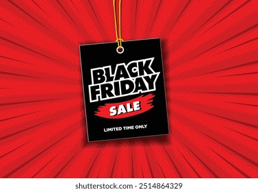 Black Friday preço tag no fundo vermelho. Vetor editável em estilo pop art