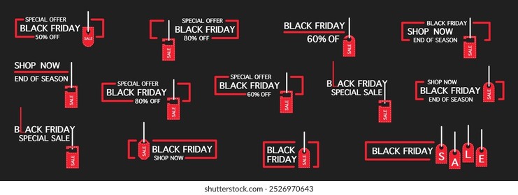 Black friday price tags collection. Black friday labels. Black friday sale ribbon banners isolated