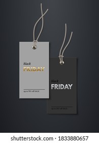 Black Friday price tags with sale mockup template set. Rectangle cards with grey strings for clothes with gold and silver text. Stickers on black background vector illustration. Realistic design