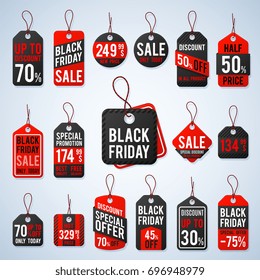 Black friday pricing tags and promotion labels with cheap prices and best offers. Retail vector sign, black friday sign sale, retail label offer promotion illustration