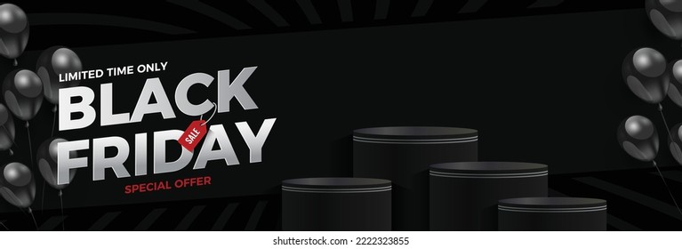 Black Friday Product Showcase Vector Template Design With Shinny Black Balloon on Black Background.