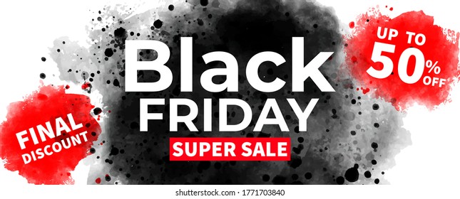 Black Friday promo background with black paint splash. Retail promotion banner design for discount offer or final clearance on holiday sales season.