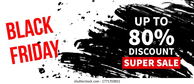 Fondo de promoción del viernes negro con salpicaduras de pintura negra. Diseño de banner de promoción al por menor para oferta de descuento o liquidación final en temporada de ventas de vacaciones.