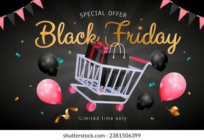 Black Friday promo banner with shopping cart and party decors on black ray background