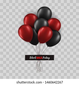 Black Friday promo concept. Bunch of black and red balloons with strings glued with black tape isolated on transparent background . Vector card illustration for your graphic design.