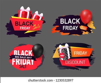 Black Friday promo labels with color balloons vector icons emblems. Sale tags, advertising badges with info about price reduction, discounts on goods