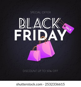 Black Friday promo social media poster in black and pink colors with shopping bags, vector illustration